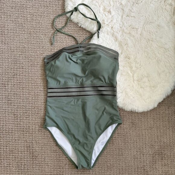 Mesh Cutout Halter Swimsuit S - Sage Green - Picture 3 of 7